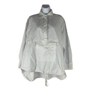 Zara Striped Long-Sleeve Collared Popover Top Drawstring Hem Size Medium
